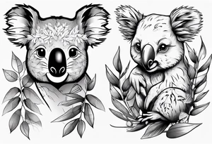 A koala with a kookaburra with eucalyptus leaves and wattle leaves tattoo idea
