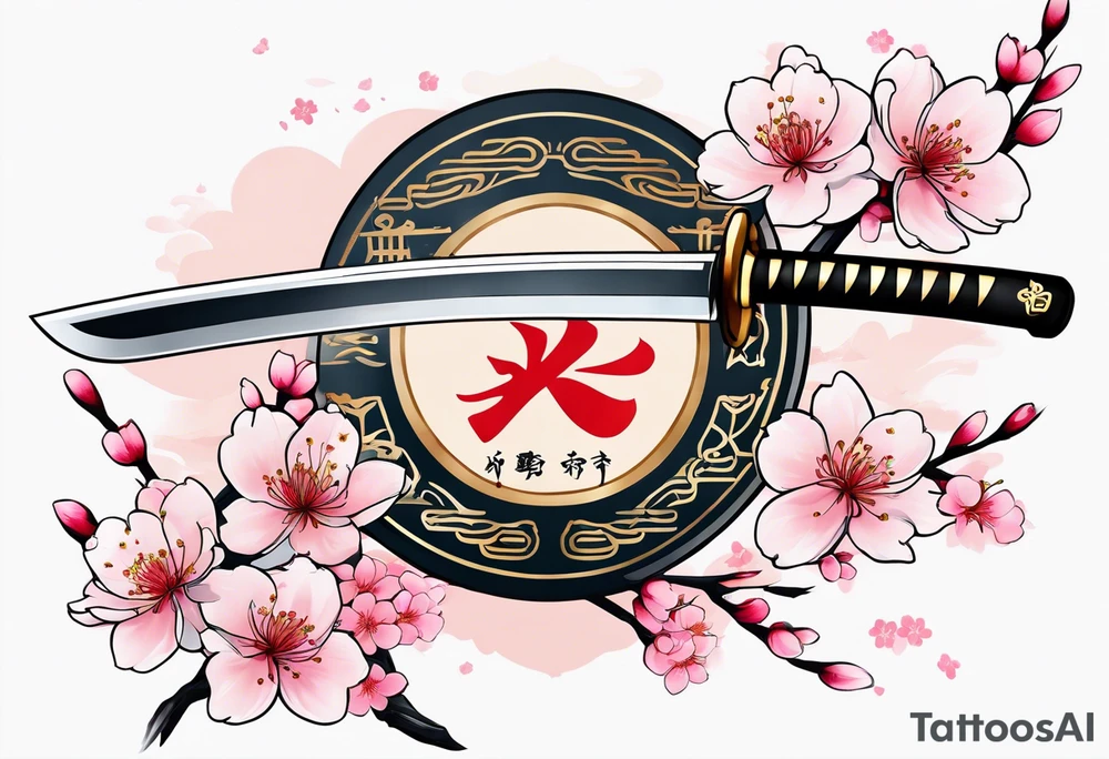 Katana with cherry blossoms and shadow kanji tattoo idea