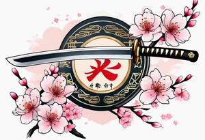 Katana with cherry blossoms and shadow kanji tattoo idea