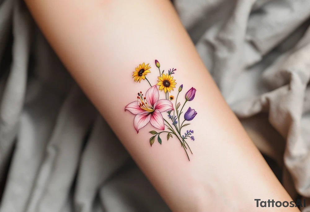 Dainty stargazer lillies in light pink with no outline with small yellow sunflowers and purple tulip buds in a dainty wildflower bouquet with stems tattoo idea