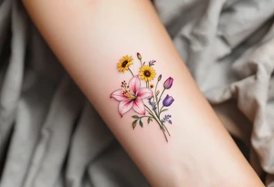 Dainty stargazer lillies in light pink with no outline with small yellow sunflowers and purple tulip buds in a dainty wildflower bouquet with stems tattoo idea