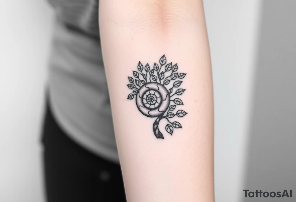 Fibonacci spiral shell on side of tree full of lots of leaves tattoo idea