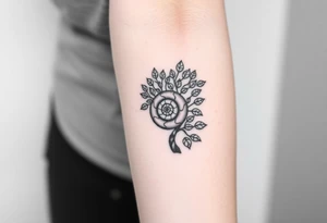 Fibonacci spiral shell on side of tree full of lots of leaves tattoo idea