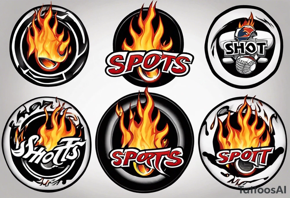 hockey puck with flames on it's side that says "SHOT SPORTS" tattoo idea