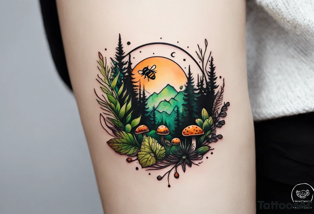 forest floor inspired minimalist tattoo, which includes grass, curly ferns, moss and dead leaves as the bulk of the tattoo. details to include: forest berries, a tiny bumblebee flying nearby, three small brown mushrooms
Generate a vertically long one tattoo idea
