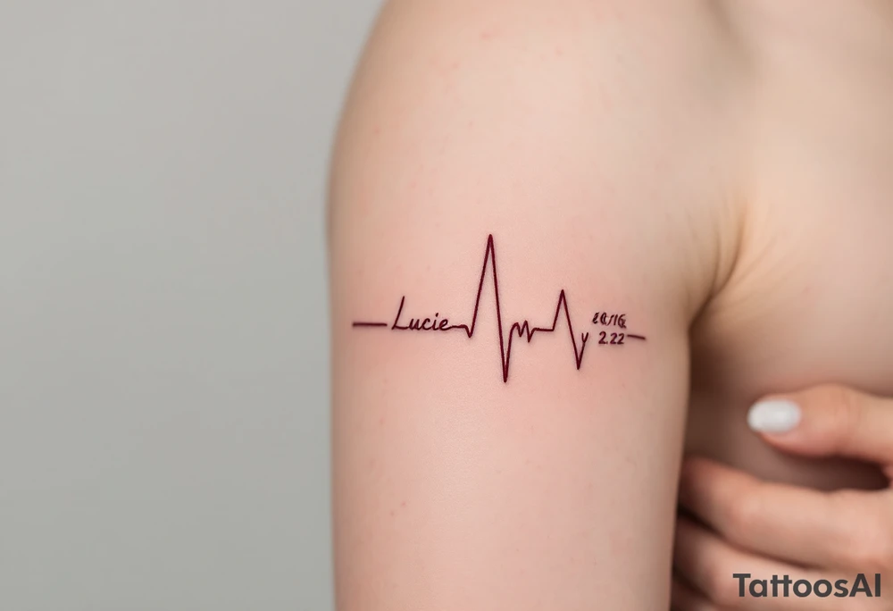 Delicate heartbeat line ending in "Lucie – 6.8.2016 v 2:22" in wine red ink. tattoo idea