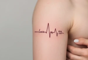 Delicate heartbeat line ending in "Lucie – 6.8.2016 v 2:22" in wine red ink. tattoo idea