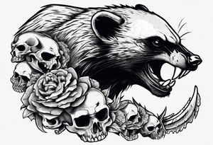 An angry, snarling, detailed honey badger with its muzzle forward against the background of skulls collected in wings tattoo idea