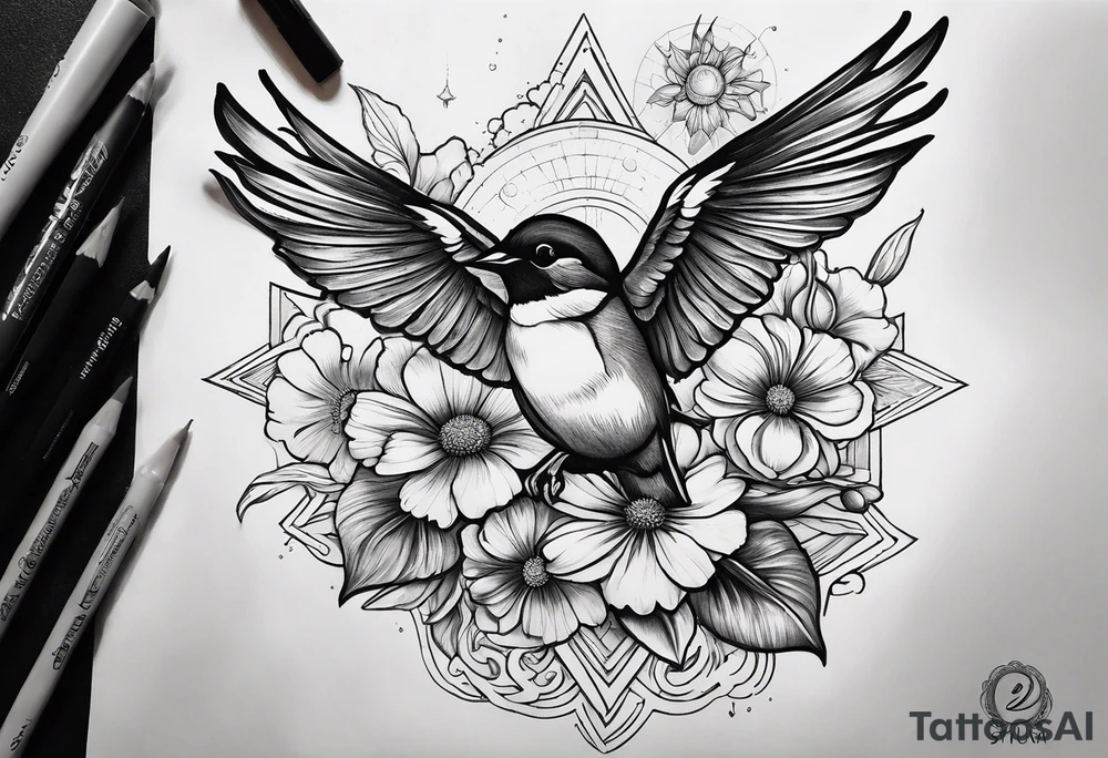 spiritual neck sleeve with a flying sparrow on side of neck with cosmos flower and a daisy flower and an iris flower, with stairs leading up to light and sunrays, ohm symbol about consciousness and transcendence tattoo idea