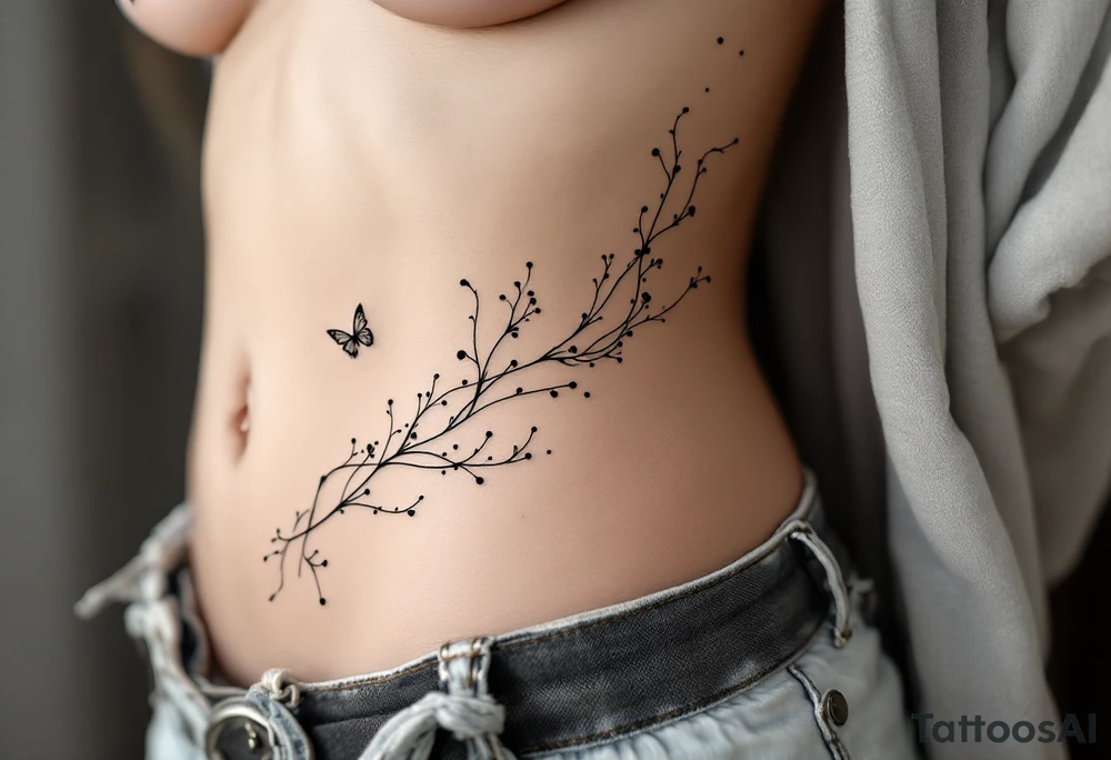 A delicate, large-scale fine line tattoo on the side torso of a woman with fair skin, extending from the ribs to the hip. The design features flowing, abstract organic lines resembling underwater seaweed or jellyfish tentacles, with soft curvature and elegant movement. The black ink lines are thin and airy, creating a sense of fluidity and lightness. The tattoo combines abstract botanical and marine influences, with a sensual, feminine, modern aesthetic butterfly. Photorealistic style, high detail, natural lighting, soft shadows. tattoo idea