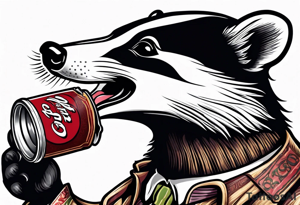 badger with mouth open with Dr Pepper can tattoo idea
