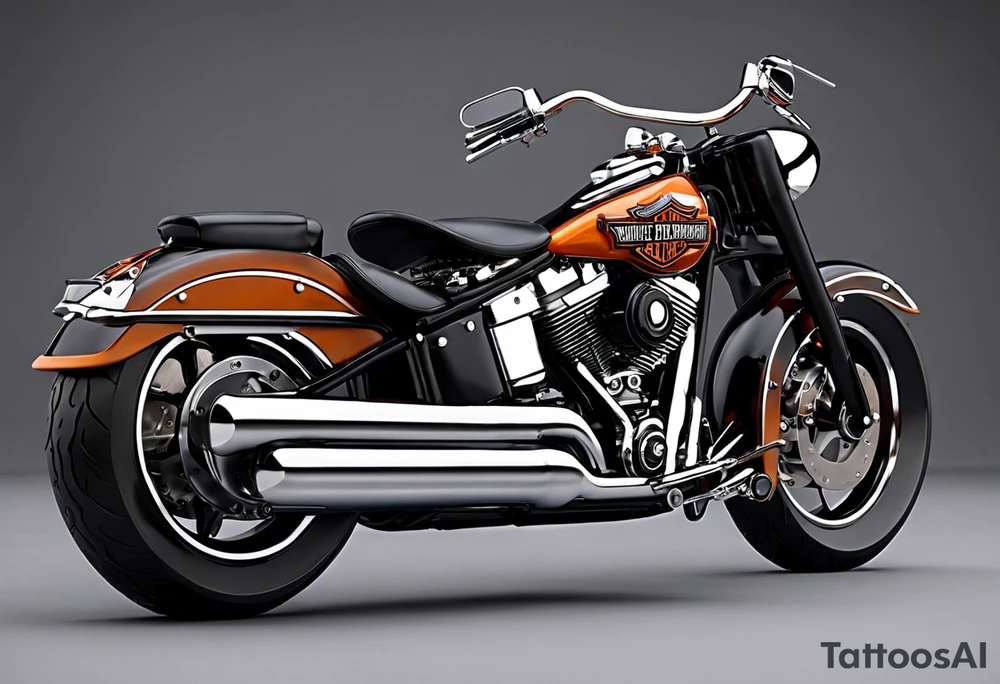 Create a tattoo for a man's chest featuring two cylinder heads (motorcycle engine like a Harley Davidson). The cylinder heads should be partially in cross-section to reveal the pistons, piston rods, valves, and cams. Additionally, part of the engine with the crankshaft should also be in cross-section. You might add a spark or flames to one cylinder (simulating the explosion phase) and perhaps the exhaust phase to the other. Try to prepare the background for potential extension of the tattoo. just engine alone and look from the side tattoo idea