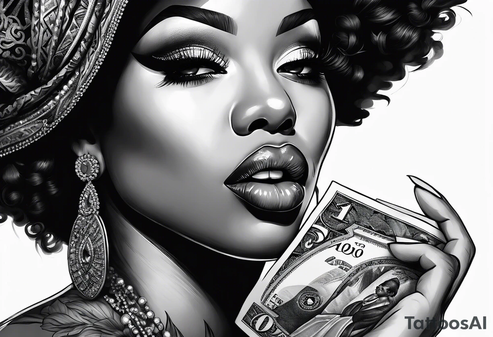 black woman with money in her mouth tattoo idea
