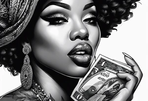 black woman with money in her mouth tattoo idea