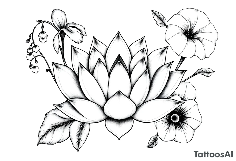 Geometric lotus surrounded by Lilly of the valley on left side iris above and morning glory flowers to the right. tattoo idea