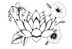 Geometric lotus surrounded by Lilly of the valley on left side iris above and morning glory flowers to the right. tattoo idea