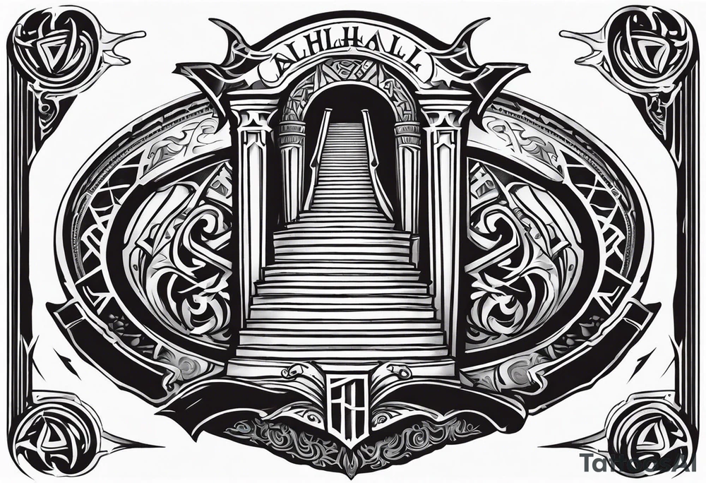 Valhalla sword shield axe 
stairs tattoo idea