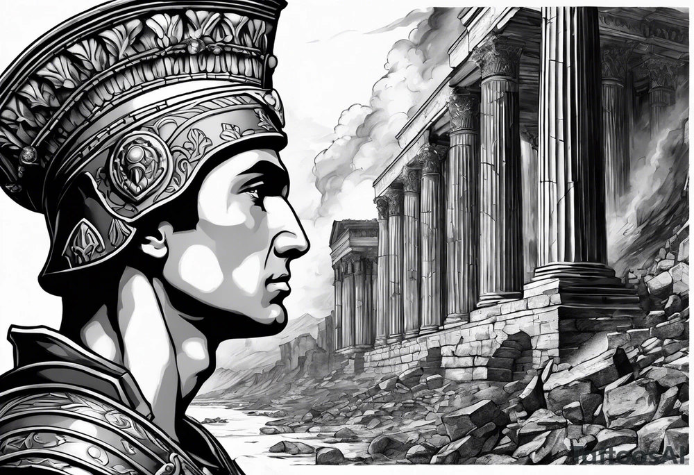 Roman soldier looking left at burning ruins tattoo idea