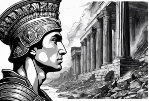 Roman soldier looking left at burning ruins tattoo idea