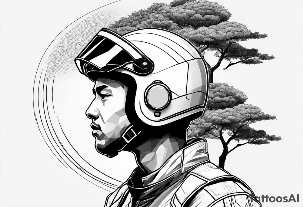 A far away racing driver with a helmet on and a japanese tree with geometric lines across tattoo idea