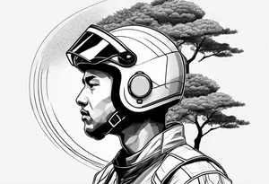 A far away racing driver with a helmet on and a japanese tree with geometric lines across tattoo idea