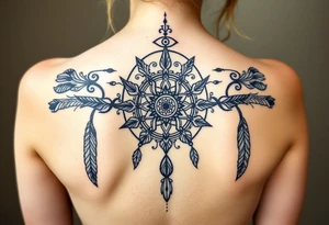 shaman symbols and mandalas and feathers wicca witch spiritual and sami culture big whole back tattoo idea