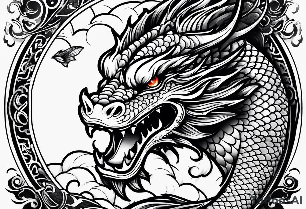 Dark skull and dragon  koi fish tattoo idea