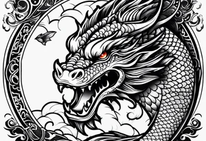 Dark skull and dragon  koi fish tattoo idea
