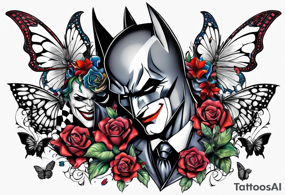 Small Batman and joker with Harley Quinn tattoo with butterflies and lots of color tattoo idea