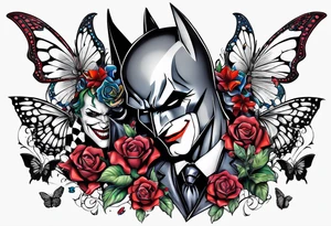 Small Batman and joker with Harley Quinn tattoo with butterflies and lots of color tattoo idea