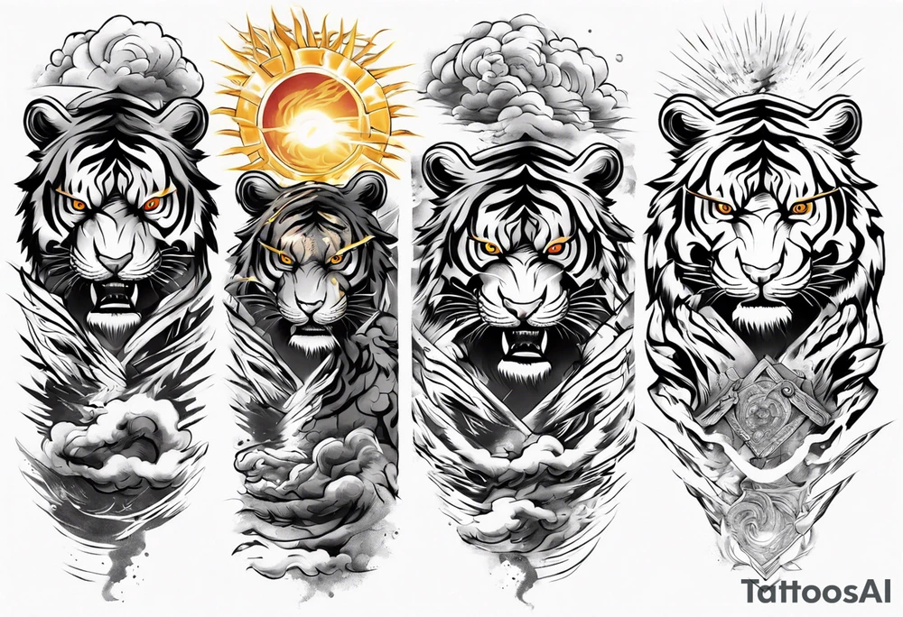 tiger warrior with lightning and the sun for a forearm sleeve tattoo idea
