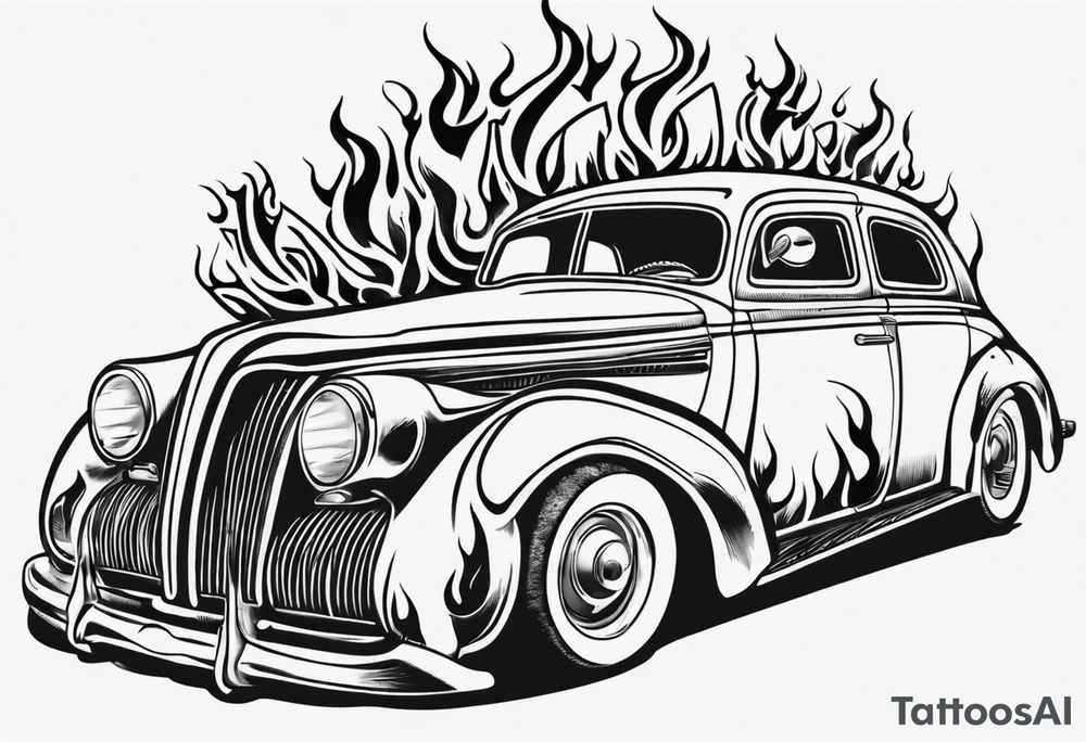 An old vintage car with flames coming out of the hood and a viking head at the top of the flames tattoo idea
