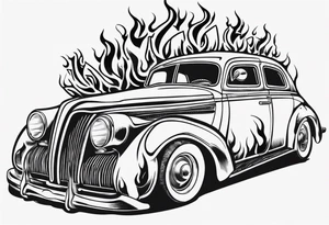 An old vintage car with flames coming out of the hood and a viking head at the top of the flames tattoo idea