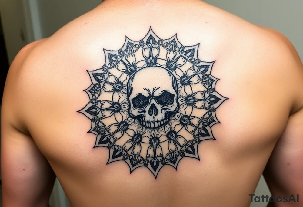 "Pepsi logo deconstructed into a sand mandala. Pixelated skull in center. Black and red ink, sacred geometry style, symmetrical." tattoo idea