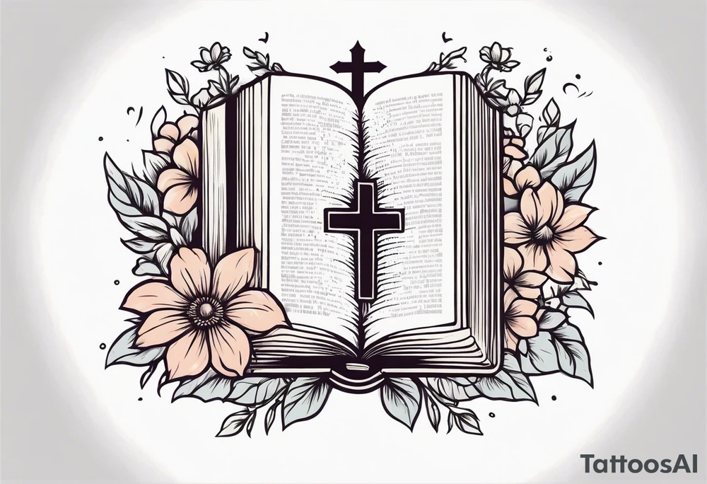 front of bible with cross on bible surrounded by flowers tattoo idea