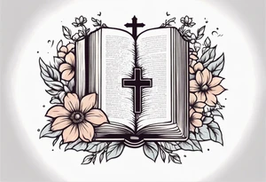 front of bible with cross on bible surrounded by flowers tattoo idea