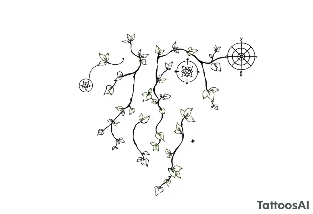 Ivy. Vines with wiccan symbols and zodiac signs tattoo idea