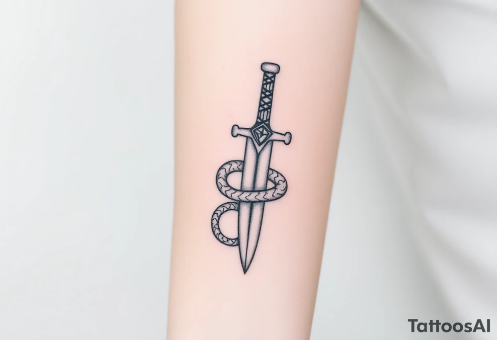 mystical snake coiled around an ancient dagger with jeweled hilt tattoo idea