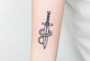 mystical snake coiled around an ancient dagger with jeweled hilt tattoo idea
