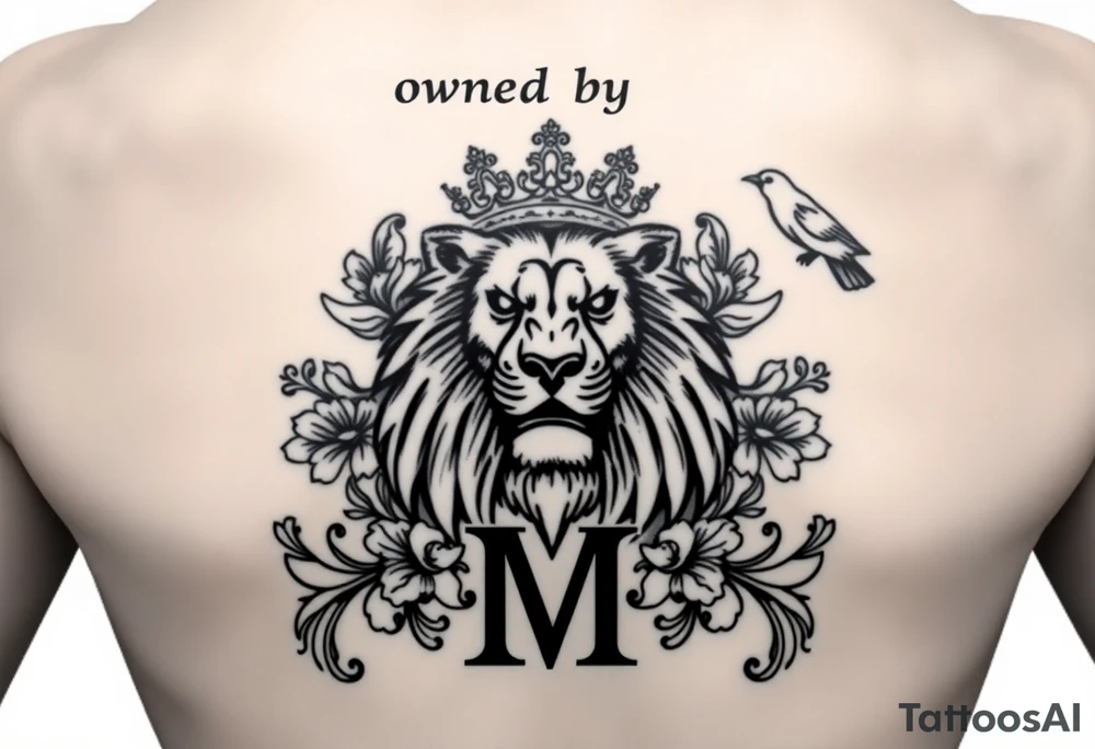 powerful majestic lion with a crown, surrounded by floral ornaments and birds
Classic Serif Design
above:
	•	Font: Elegant serif typeface (e.g., Times New Roman or Garamond).
	•	Style:
	•	“owned by” in lowercase, centered above the “M” with slight letter spacing.
	•	“M” is bold and slightly larger, sitting at the bottom.
	•	Overall Shape: Balanced and traditional, minimal flourishes. tattoo idea
