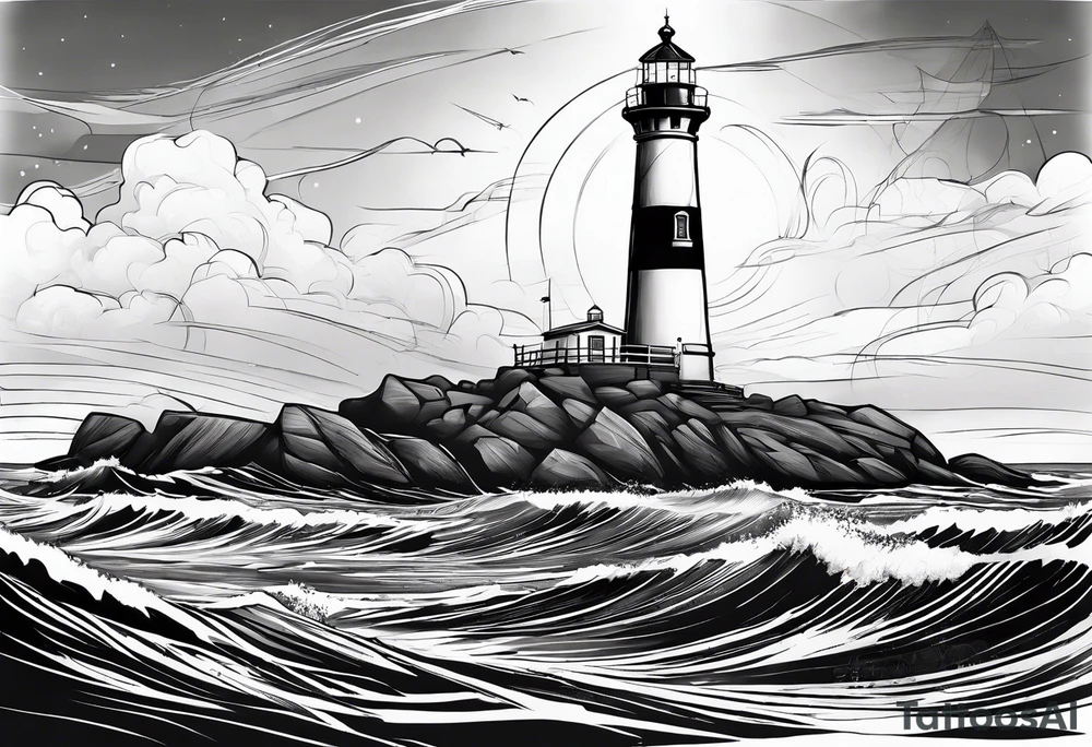 maritime lighthouse partially hidden by its  large fixed sails. tattoo idea