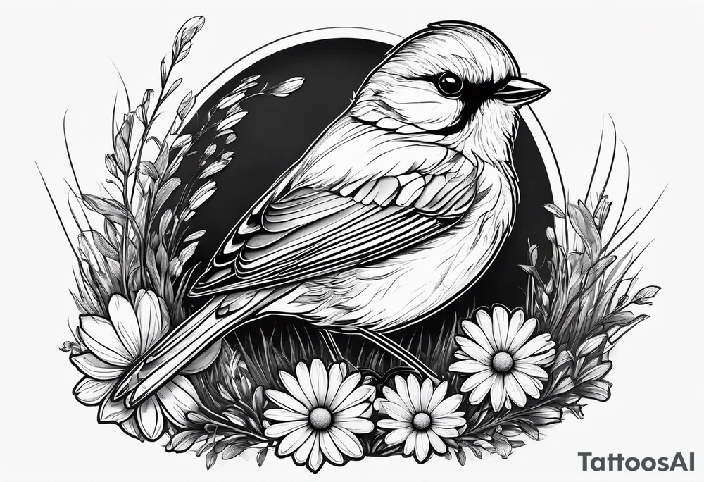 Fine line Little bird perched in grass with a daisy tattoo idea