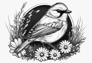 Fine line Little bird perched in grass with a daisy tattoo idea