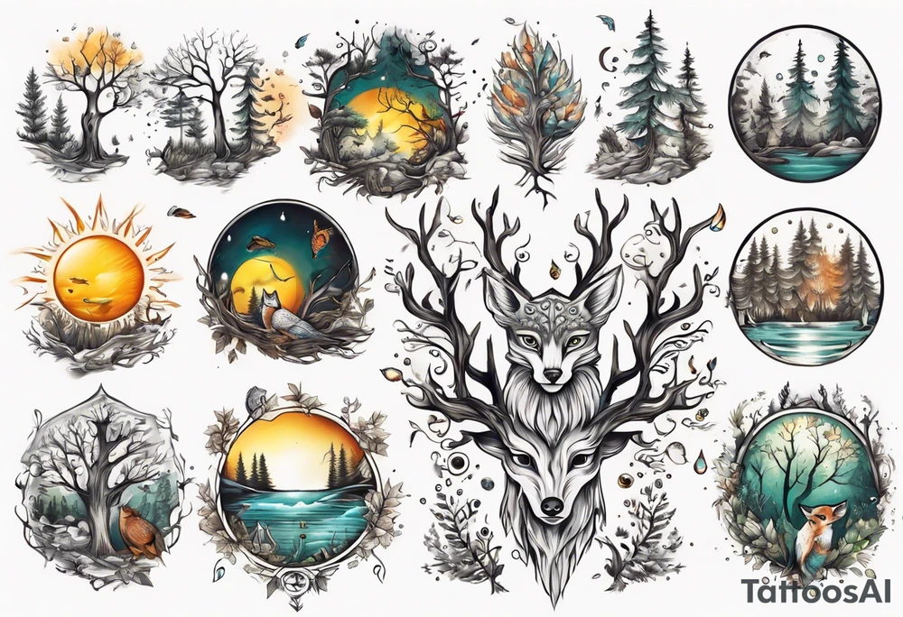 sonne, eule  wald, fuchs 
baum, sapere aude, Wasser, fisch tattoo idea
