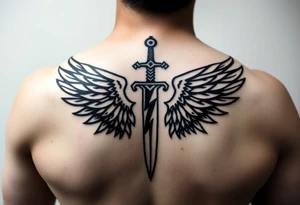Wings wrapping up and around surrounding a sword and lightening bolt tattoo idea