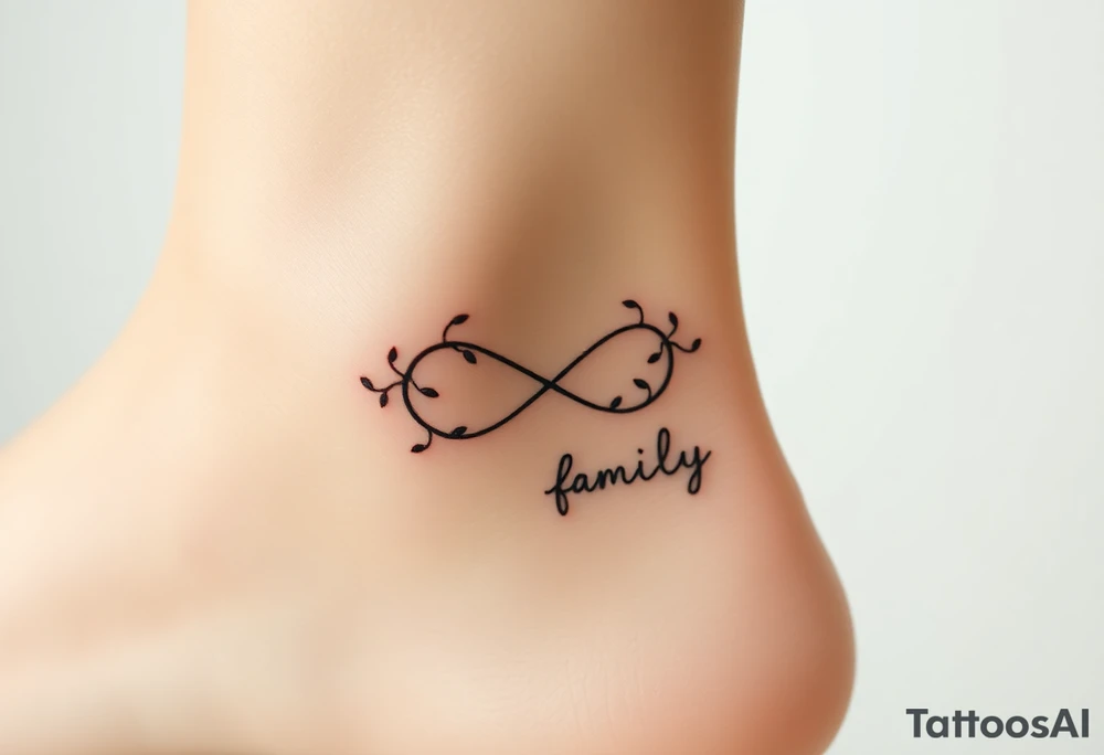 A delicate infinity symbol with intertwined vines, wrapped around the word "family," tattoo idea