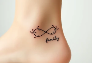 A delicate infinity symbol with intertwined vines, wrapped around the word "family," tattoo idea