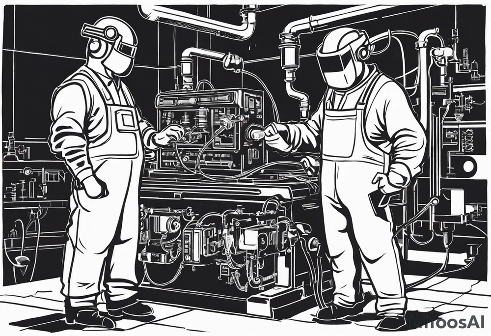 Two 60-year-old characters working together on creating a big mechanism made of iron and electronic circuits. The first character is a welder, dressed in a welding suit and mask. The second character is a fitter, wearing a shirt with sleeves rolled up to the forearms and a tool belt. No hat. The mechanism they are working on should be in the center of the drawing, should look like a heart and to be 1\5 of the whole immage.  Characters positioned on either side of the mechanism. The sketch should convey a sense of teamwork and craftsmanship tattoo idea