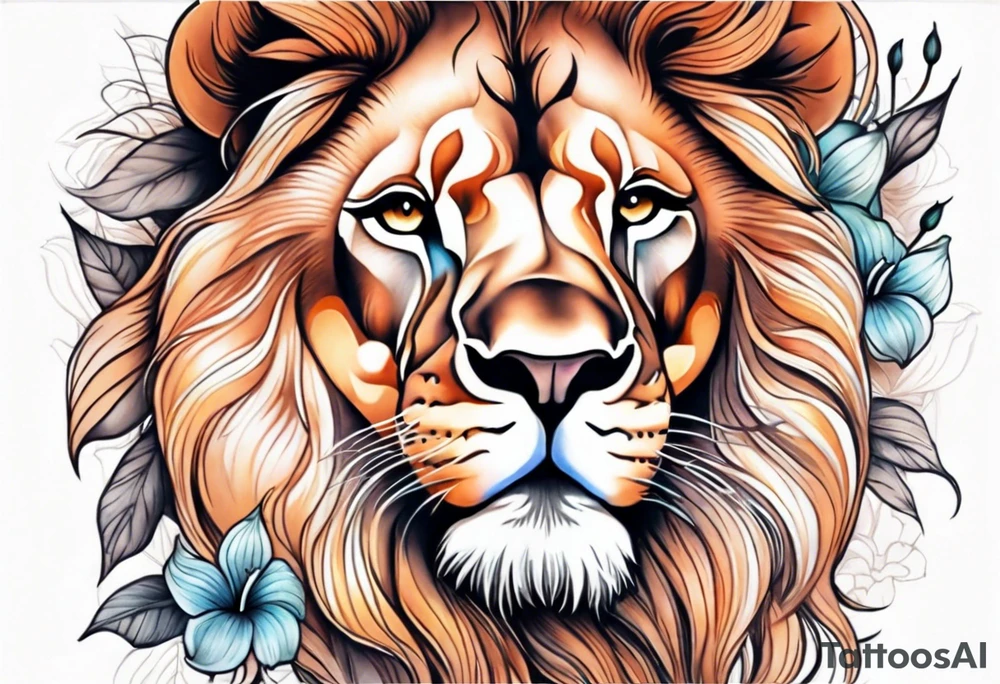 light brown pastel lion face with lily flowers in pastel colors covering it, cool tones for half arm sleeve tattoo idea