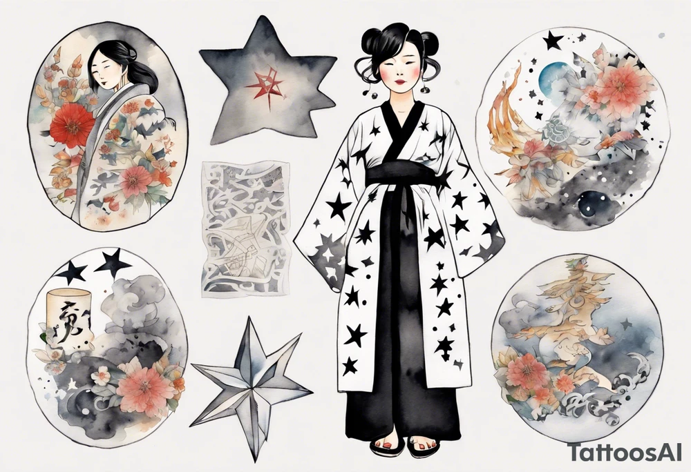 a middle-aged Japanese woman dressed in a black and white Nordic robe, wearing black slippers, surrounded by stars tattoo idea